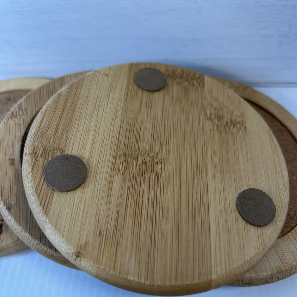 2015 BETTER HOMES Set Of 4 BAMBOO & CORK COASTERS IN Metal Holder